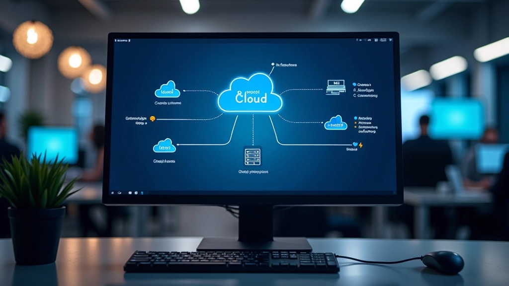Cloud infrastructure diagram on a computer monitor in a professional technology workspace