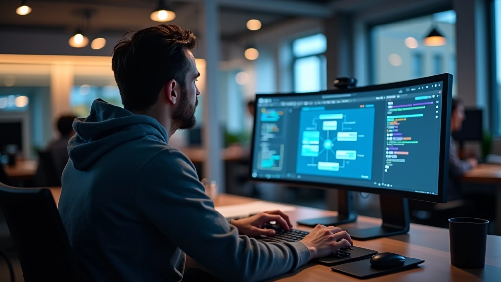 Developer reviewing architecture diagram on large monitor in modern office workspace with ambient lighting