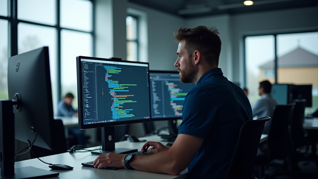 Developer at desk with multiple monitors showing code and system dashboards in a modern office