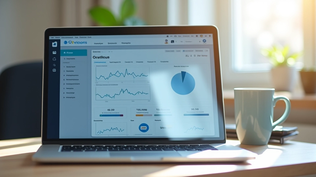 Laptop screen showing monitoring dashboard with network graphs and system metrics on wooden desk with coffee nearby