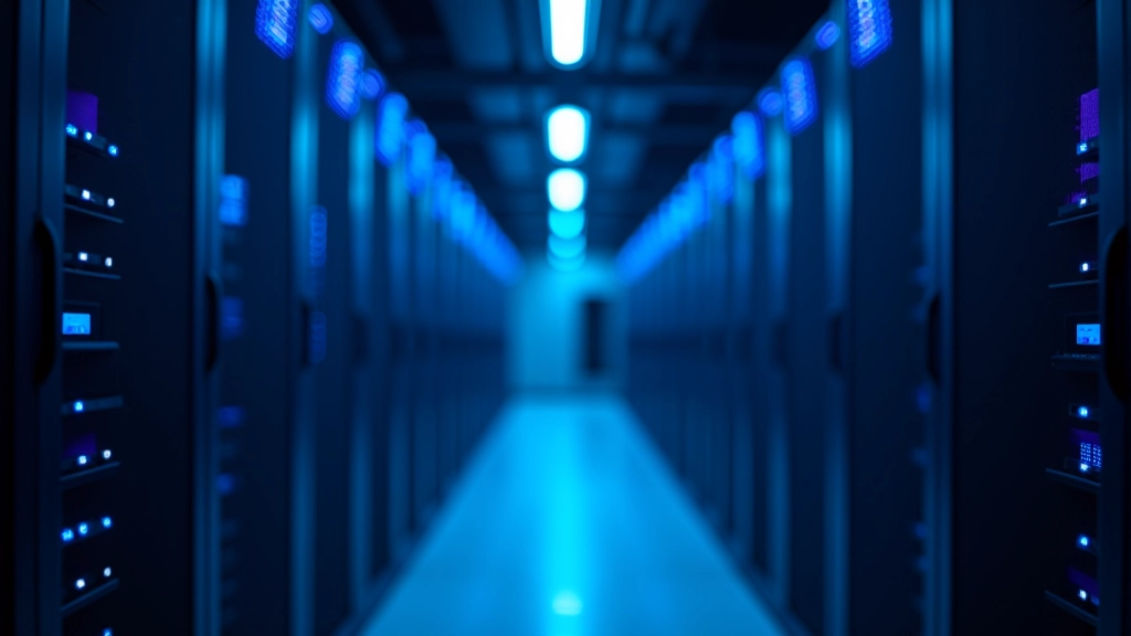 Modern data center with rows of server equipment and blue LED lighting creating cinematic perspective with sharp detail