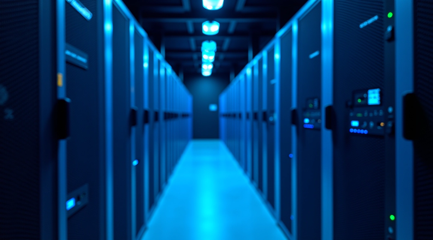 Modern server room with blue LED lighting and rows of equipment in a data center