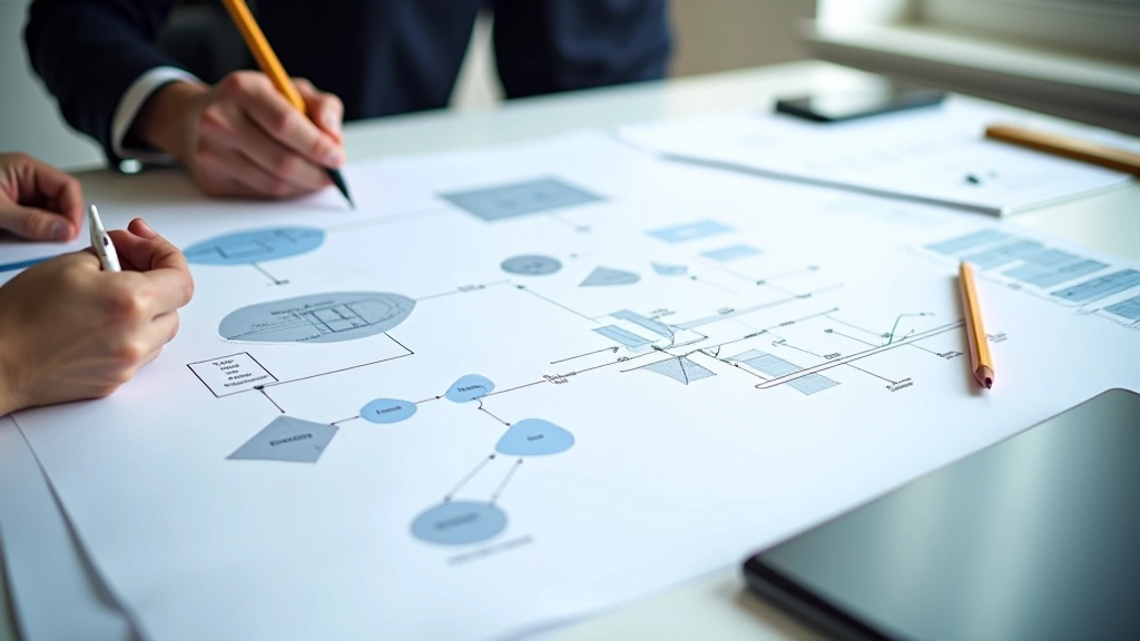 Architectural blueprint and technical diagrams spread on a work table with pencils and tools