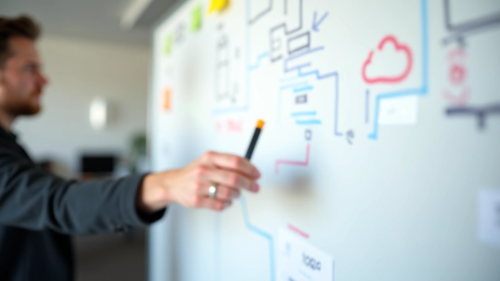 Whiteboard with architecture sketches and sticky notes, hand holding marker, collaborative team workspace with natural lighting